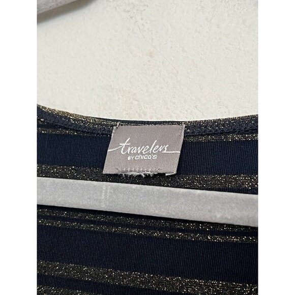 Chicos Travelers Blouse Womens 3 Navy Gold Metallic Striped Long Sleeve - Picture 6 of 13